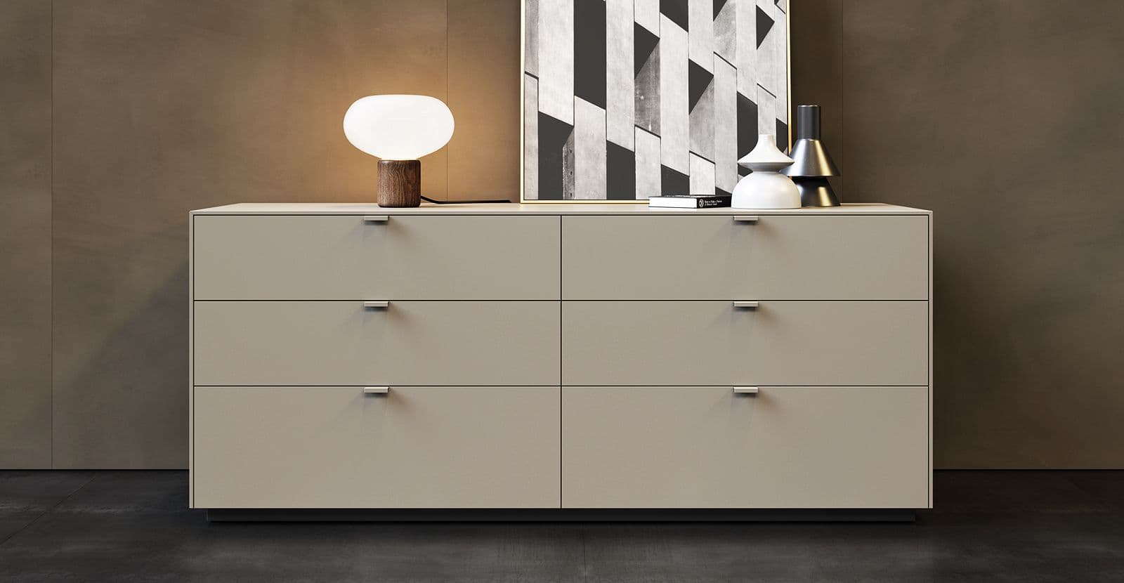 Modern light gray chest of drawers Folio with six drawers in the bedroom, decorated with a lamp, vases and a painting against a brown wall